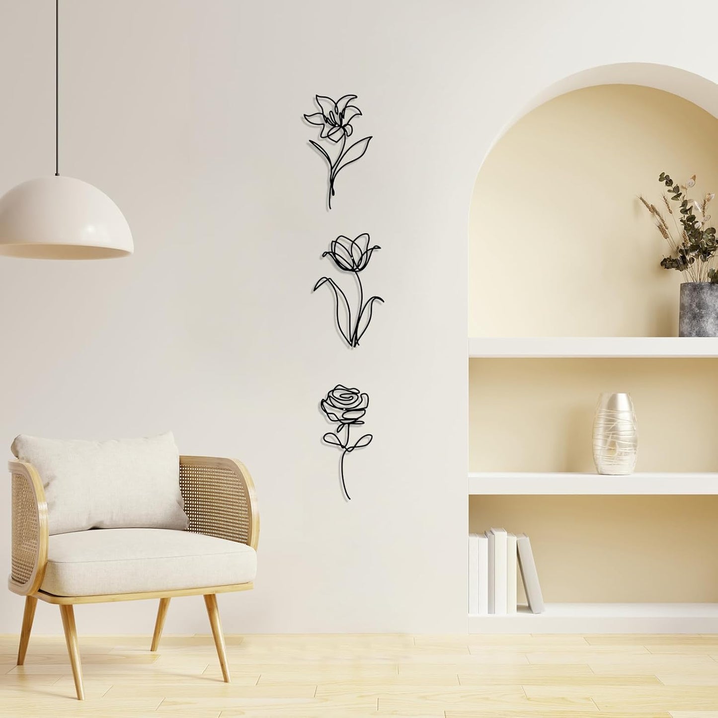 Oubasa Metal Flowers Wall Art Set of 3, Farmhouse Floral Home Decoration, Modern Line Art Flower Wall Decor for Living Room Bedroom Bathroom, Minimalist Botanical Wall Sculpture – Lily, Tulip, Rose