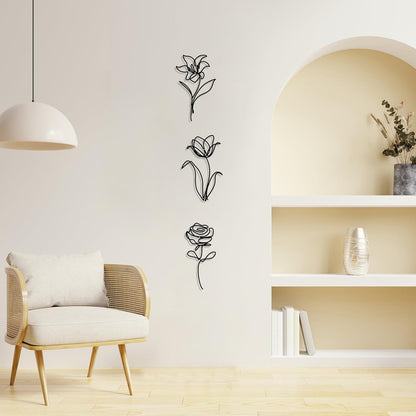 Oubasa Metal Flowers Wall Art Set of 3, Farmhouse Floral Home Decoration, Modern Line Art Flower Wall Decor for Living Room Bedroom Bathroom, Minimalist Botanical Wall Sculpture – Lily, Tulip, Rose