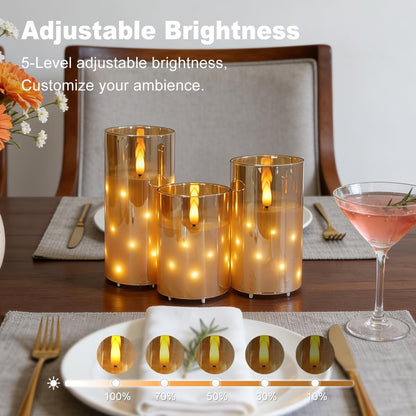 Rechargeable Flameless Glass Pillar Candles–Gifts for Women,–Set of 3, Realistic Flickering LED Light,Remote & Timer, Ideal for Living Room, Bedroom & Festival Wedding Home Party Decor