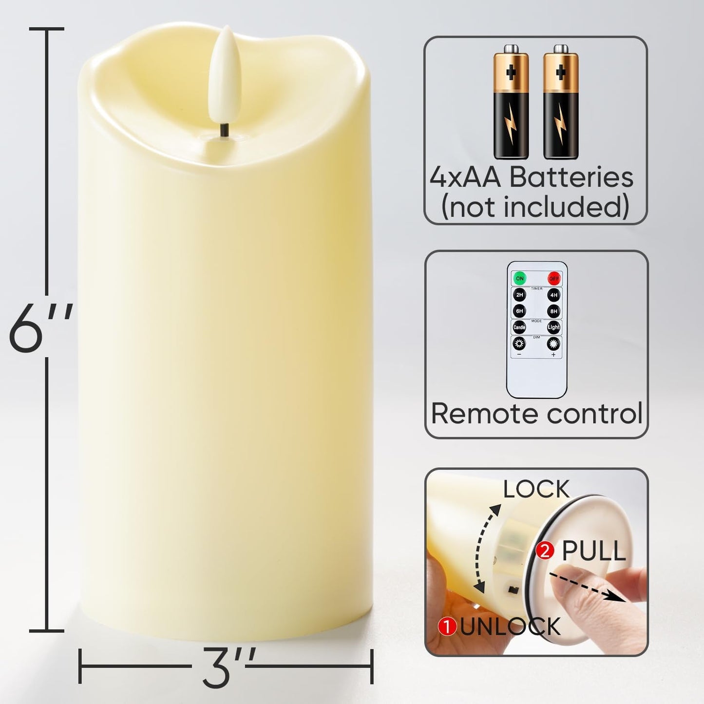 Homemory 6"x3" Outdoor Waterproof Flameless Candles, LED Candles, Battery Operated Candles with Remote and Timers, Electric Fake Plastic Pillar Candles, Ivory White, Set of 2