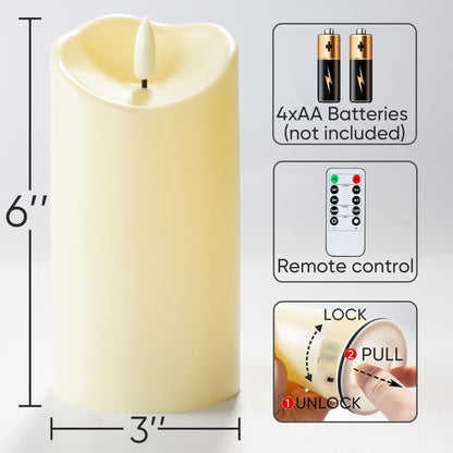 Homemory 6"x3" Outdoor Waterproof Flameless Candles, LED Candles, Battery Operated Candles with Remote and Timers, Electric Fake Plastic Pillar Candles, Ivory White, Set of 2