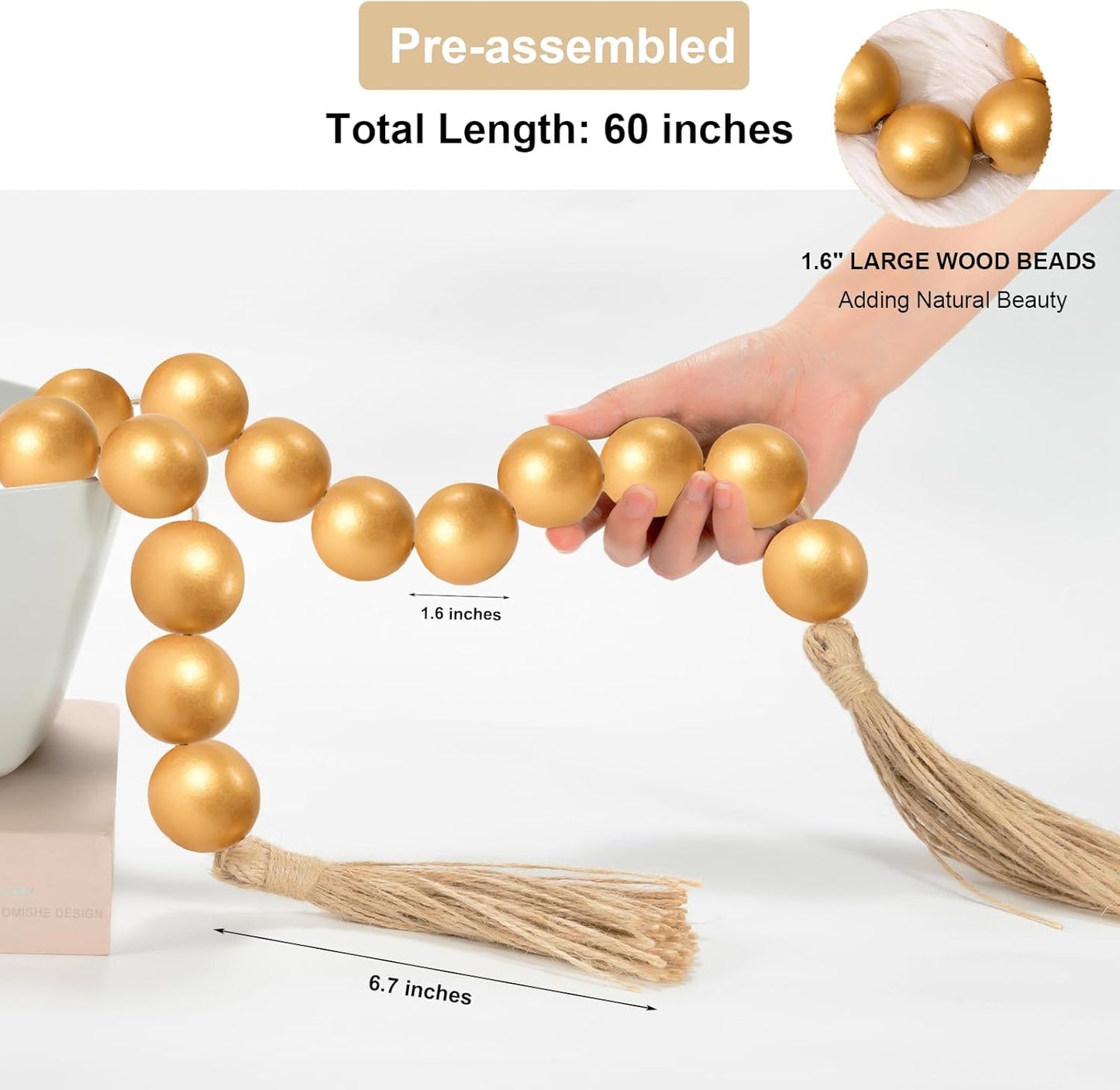 OMISHE Extra Large Wood Bead Garland with 1.6" Diameter Wooden Beads and Tassels, 41" Long Rustic Farmhouse Country Decorative Beads for Home Tiered Tray Decor, Natural Beige