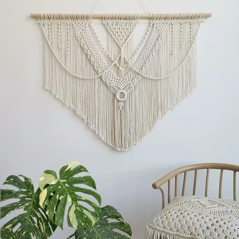 oiikain Large Handmade Boho Macrame Wall Hanging Tapestry - Chic Bohemian Woven Home Decor art for Living Room, Bedroom, and Wedding Parties (Beige, twelve rhombus)