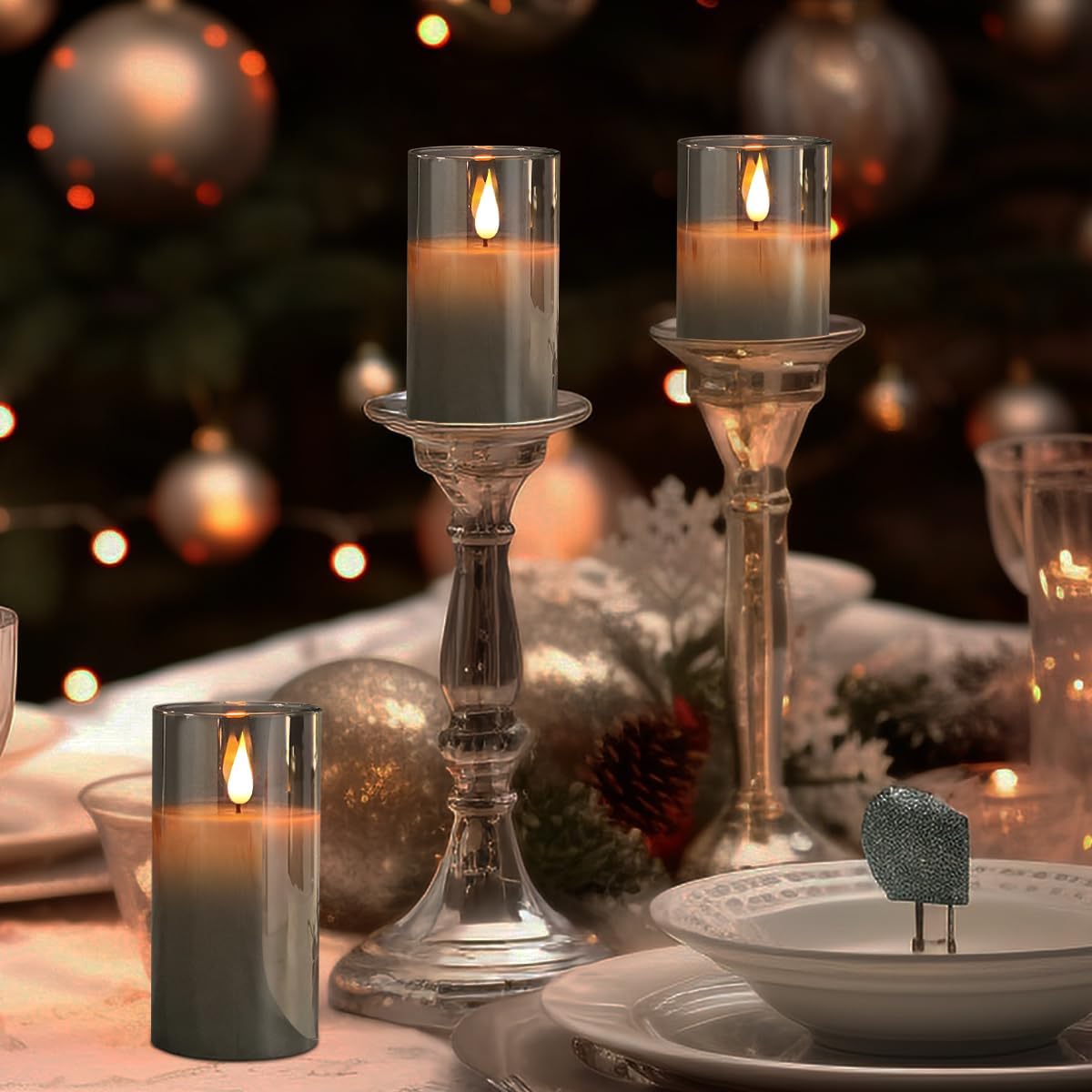 Rechargeable Flameless Glass Pillar Candles–Gifts for Women,–Set of 3, Realistic Flickering LED Light,Remote & Timer, Ideal for Living Room, Bedroom & Festival Wedding Home Party Decor