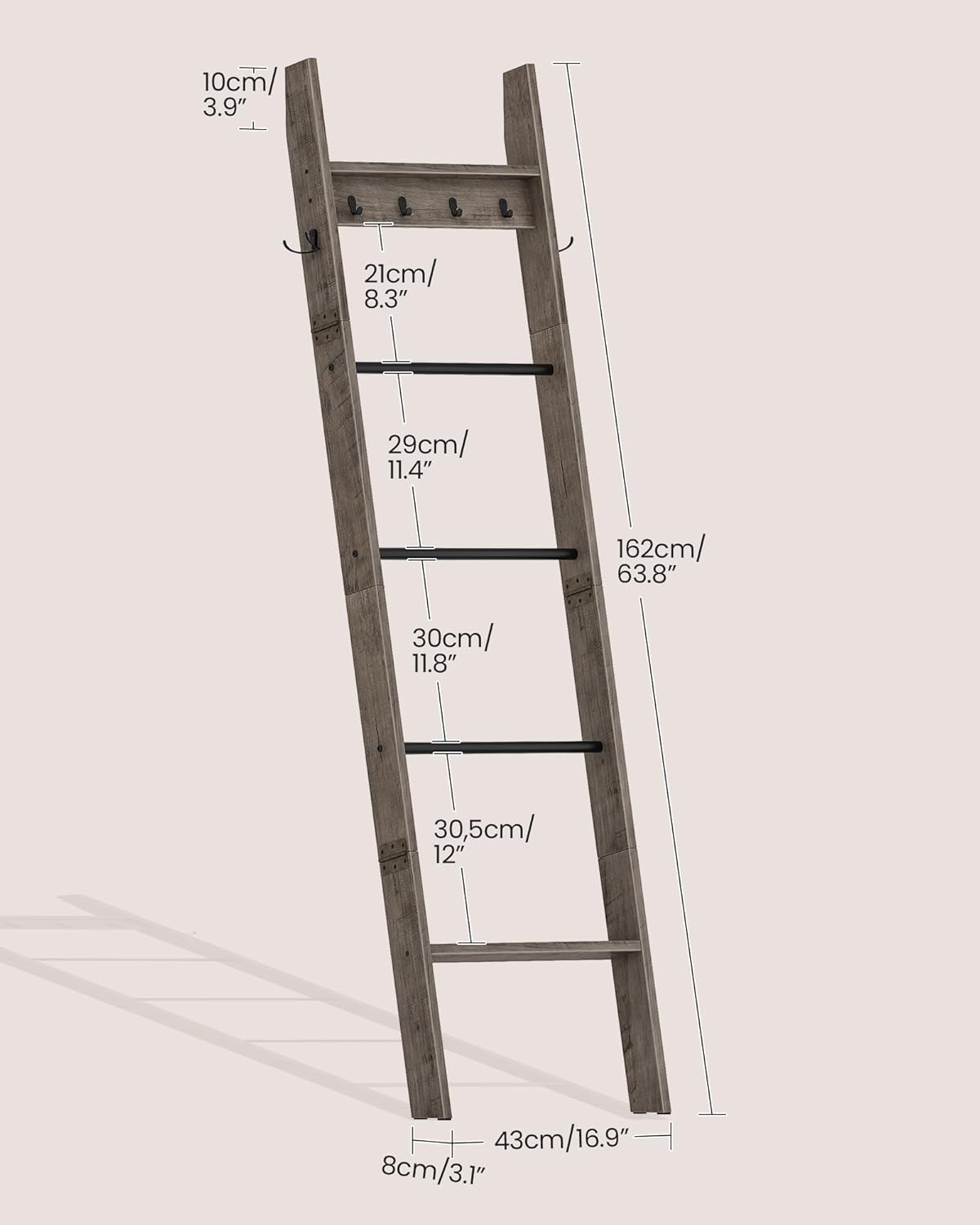 CHOEZON 5-Tier Blanket Ladder, Wooden Blanket Display Rack, Towel Ladder with Hooks, Wall Leaning Display Shelf, for Living Room, Bedroom, Balcony, Rustic Brown and Black MCJ02FG