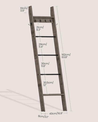 CHOEZON 5-Tier Blanket Ladder, Wooden Blanket Display Rack, Towel Ladder with Hooks, Wall Leaning Display Shelf, for Living Room, Bedroom, Balcony, Rustic Brown and Black MCJ02FG