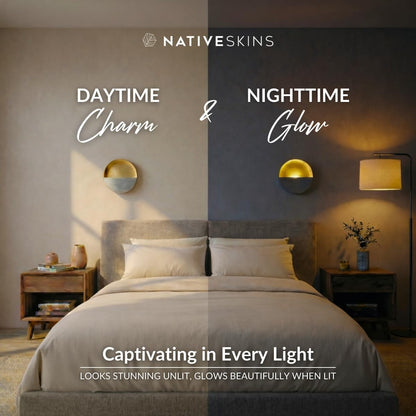 NativeSkins Eclipse Wall Candle Sconces Set of 2 – 6.5" Round Metal Tea Light Holders (3" Depth) with Gold Leaf Interior – Antique Nickel Decorative Accent for Bedroom, Hallway, Bathroom