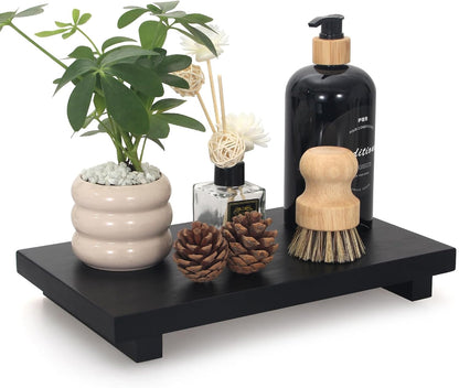Black Bathroom Vanity Organizer Tray for Countertop Small Wooden Pedestal Stand Farmhouse Kitchen Sink Tray Decorative Hand Soap Dish Dispenser Holder Wood Risers Modern Bathroom Decor Accessories