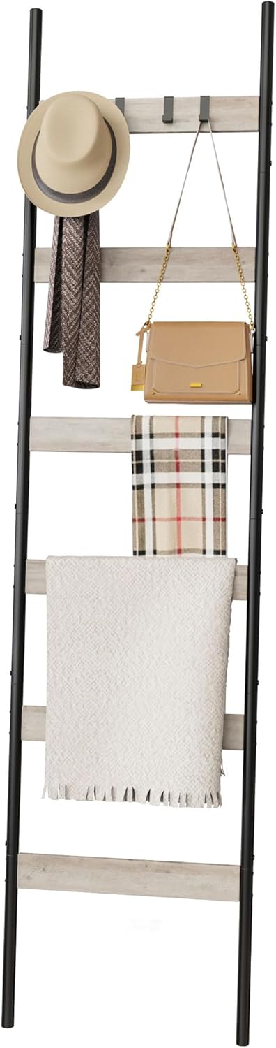 Blanket Ladder, 5-Tier Towel Holder with 4 Removable Hooks, Farmhouse Wall Leaning Decorative Rack Shelf, Wooden Towel Display Rack, Quilt Ladder for Living Room, Bedroom, Rustic Brown