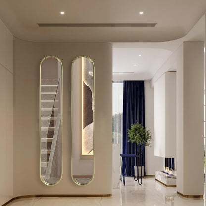 OUSHUAI Gold Tall Mirror,Narrow Capsule Long Mirrors with Metal Frame for Entryway,Hallway,Living Room 44"X8" (3pcs)