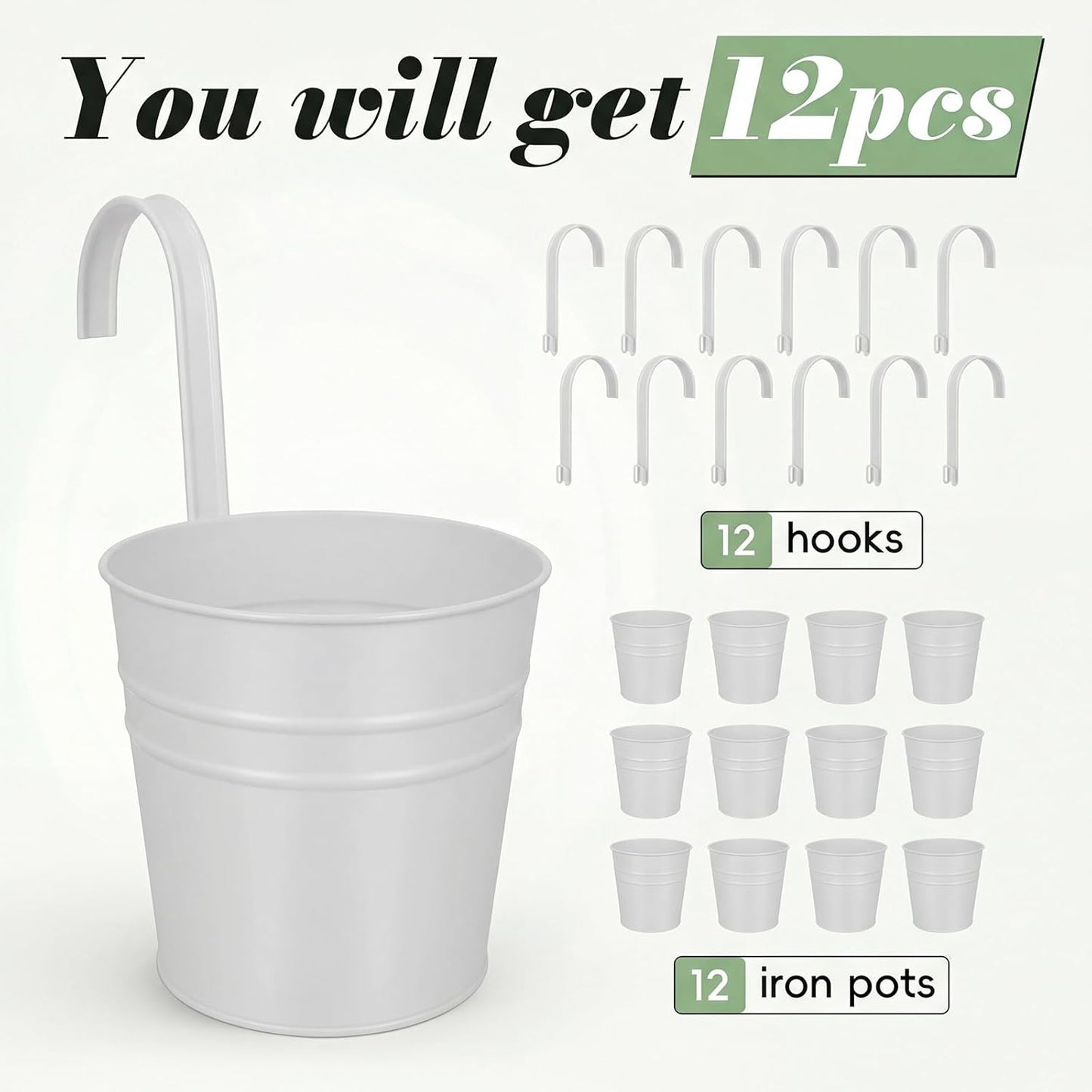HowRU Metal Iron Flower Pots for Railing Fence Hanging Bucket Pots(5 Pcs) and Hanging Flower Pots Metal Iron Bucket Planter(10 Pcs) (Black)