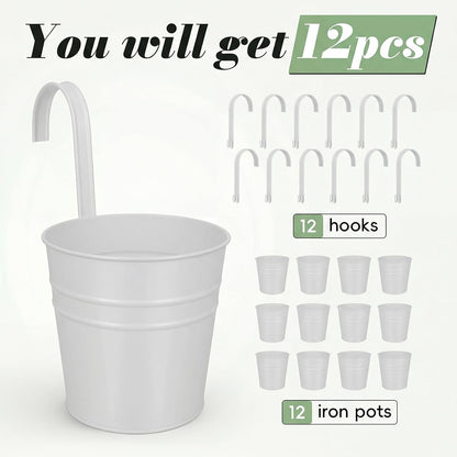 HowRU Metal Iron Flower Pots for Railing Fence Hanging Bucket Pots(5 Pcs) and Hanging Flower Pots Metal Iron Bucket Planter(10 Pcs) (Black)