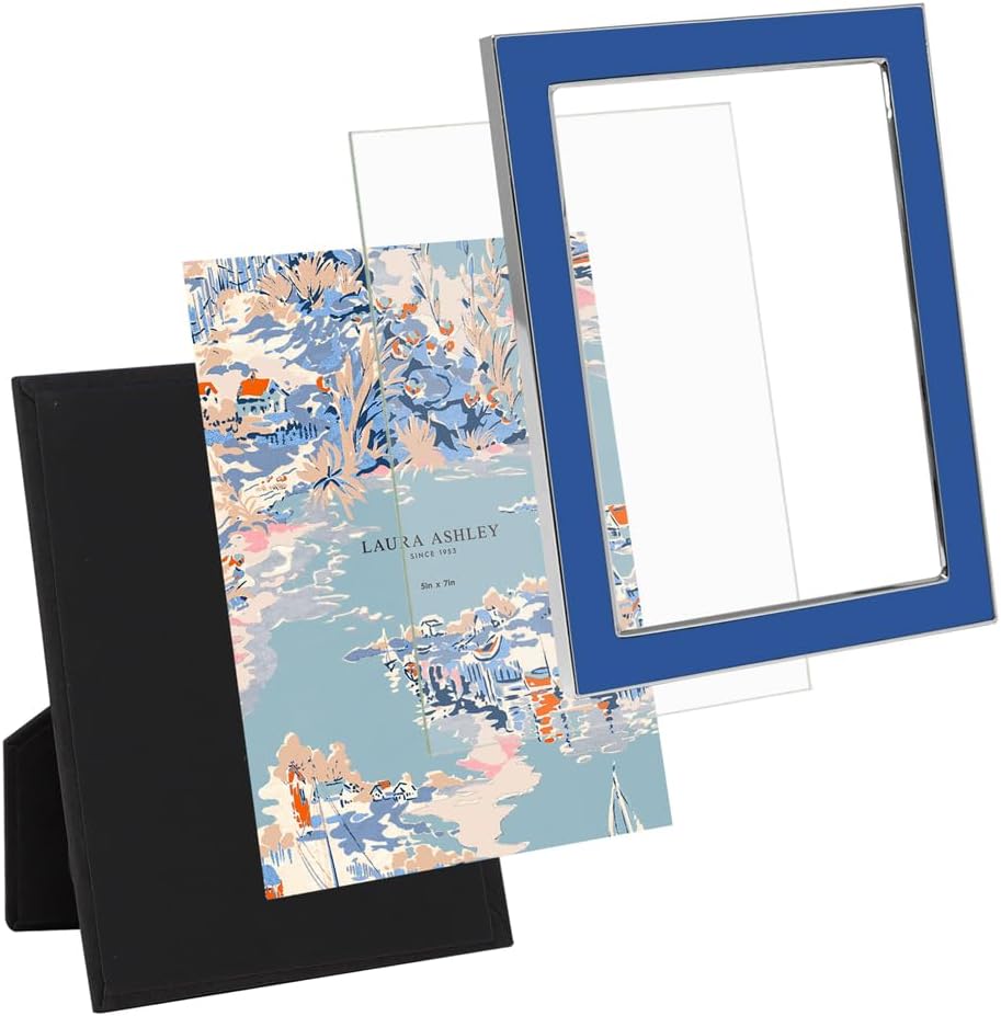 Laura Ashley 5x7 Navy Enamel Picture Frame, Gold Metal Edge with Easel, for Countertop, Counterspace, Tabletop Display, Bookshelf, Desk, Wall Décor, Photo Gallery (5x7, Navy W/Gold)
