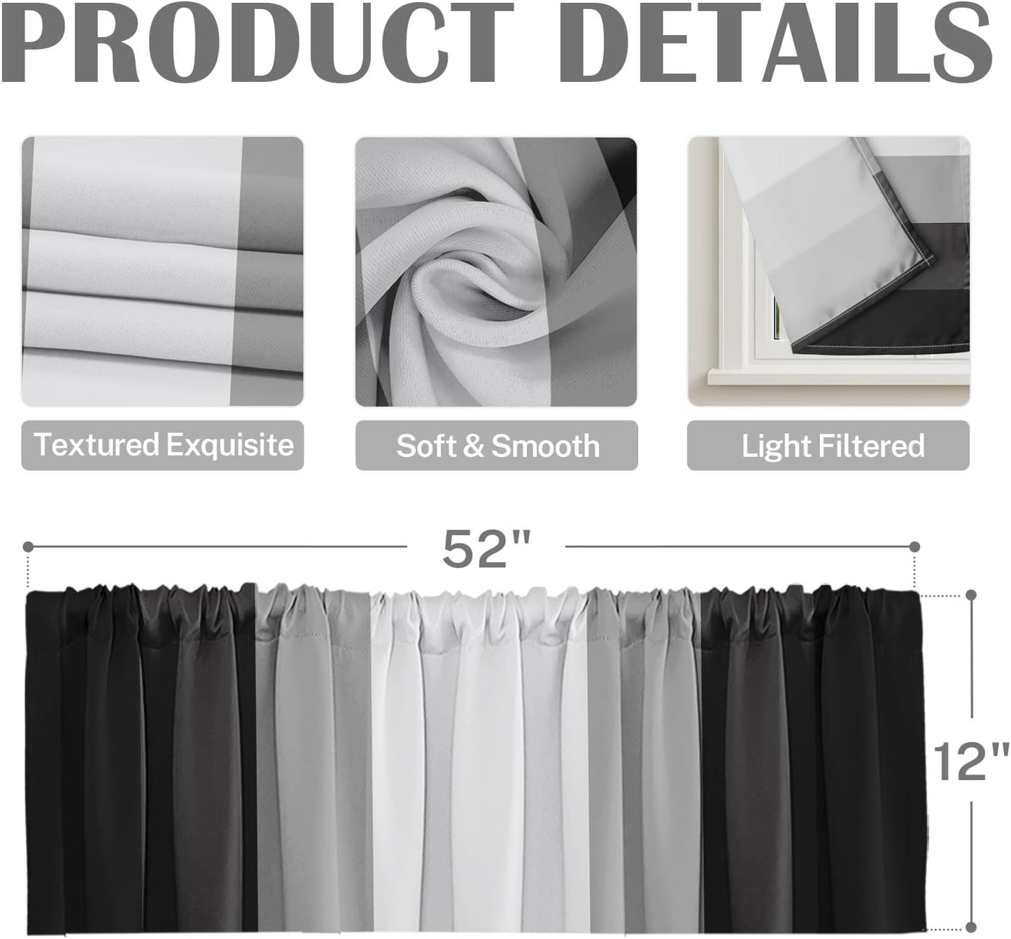 Emvency 2 Pack Dark Grey Valances Window Treatments, Gray Striped Abstract Blackout Drapes Adjustable Curtain for Windows Living Room Kitchen Over Sink, 52x18 Inch Rod Pocket Valances