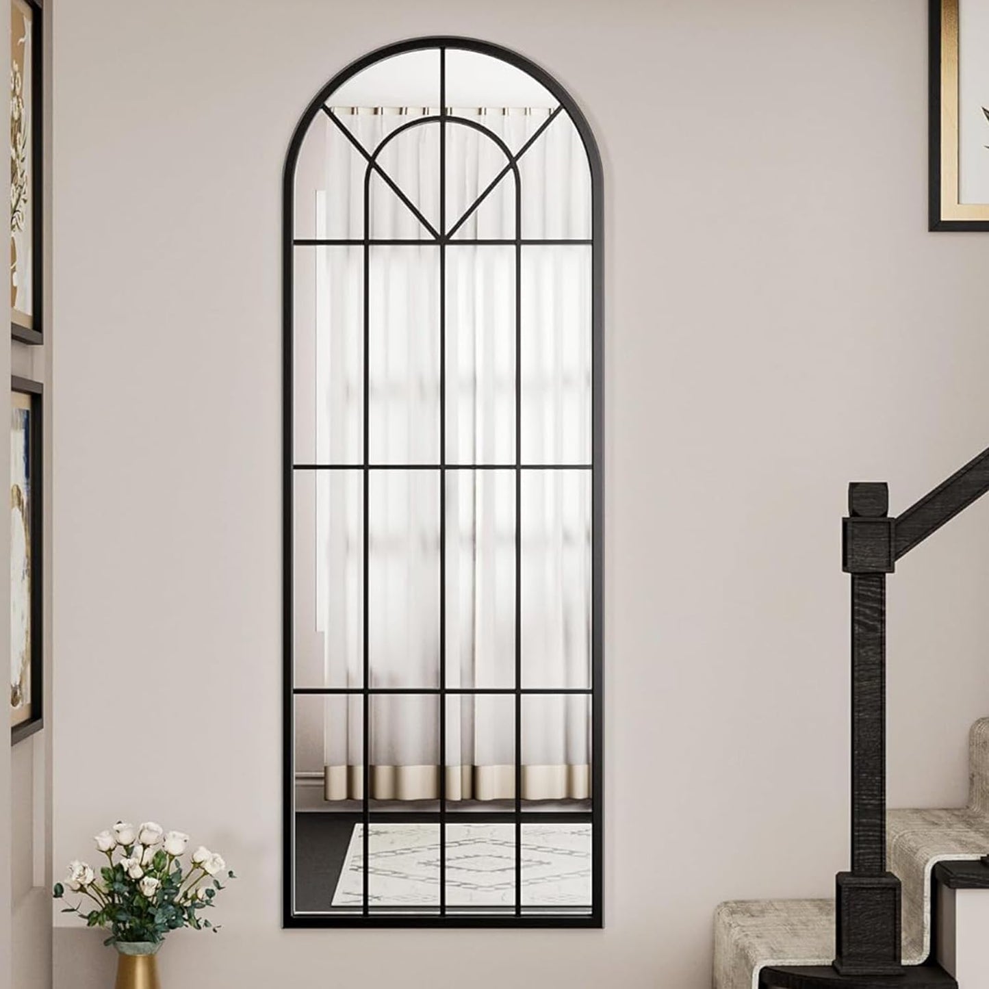 Dewfig 65"x 22" Arched Window pane Full Length Mirror, Wall Mirror, Floor Standing Mirrors, Farmhouse Long Full Body Mirrors Wall Mounted for Living Room, Bedroom, Entryway, Fireplace, Black