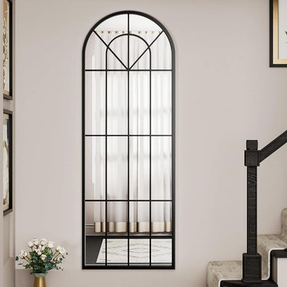 Dewfig 65"x 22" Arched Window pane Full Length Mirror, Wall Mirror, Floor Standing Mirrors, Farmhouse Long Full Body Mirrors Wall Mounted for Living Room, Bedroom, Entryway, Fireplace, Black