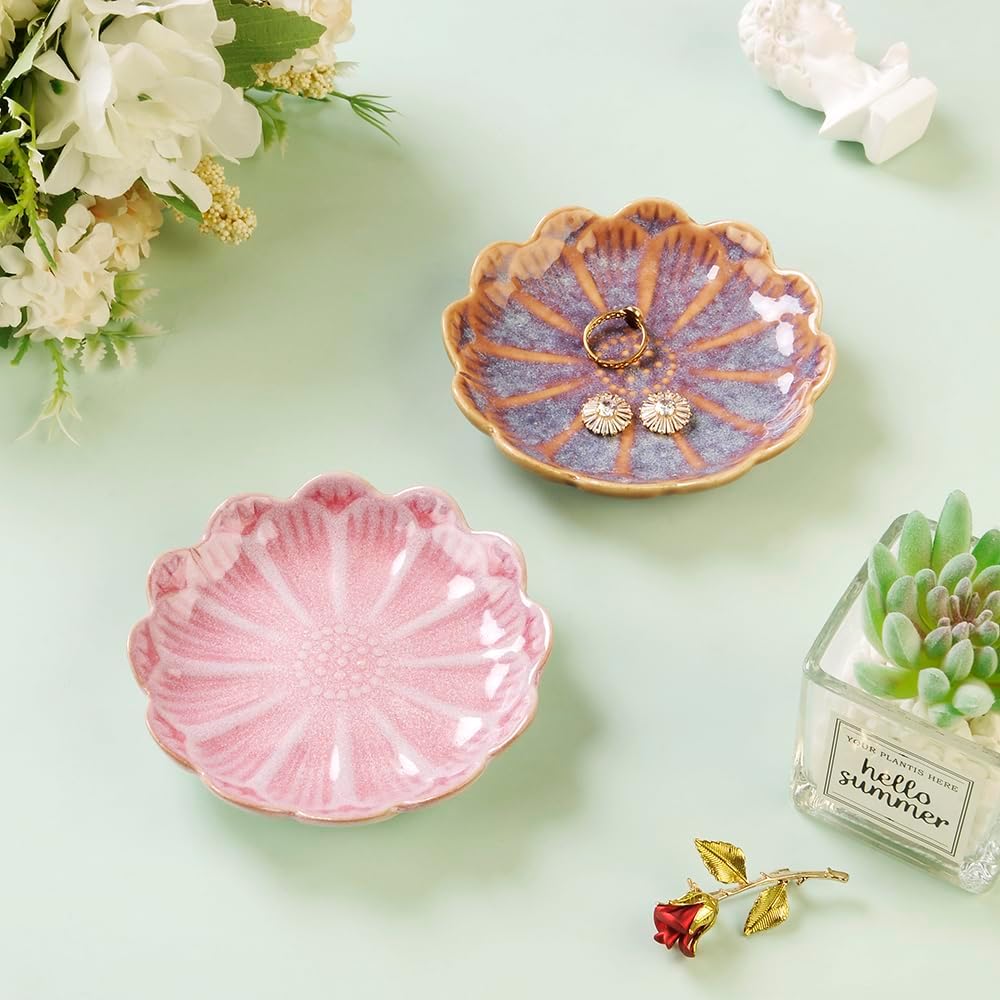 JAMEND CLXP Lotus Leaf Shape Decorative Ring Tray, Small Key Bowl, Ceramic Trinket Tray Jewelry Dish Organizing Necklace Earrings, Home Decoration for Mom Best Friend Sister, Pink.