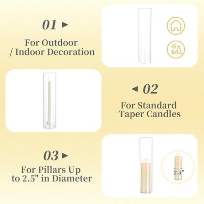 Hewory Hurricane Glass Candle Holders: 10 PCS Clear Open Ended Cylinder Candle Holder Sleeve for Candlestick Holders - Taper Candle Holder Bulk for Wedding Christmas Centerpiece Decor (D 2.5" x H 11")