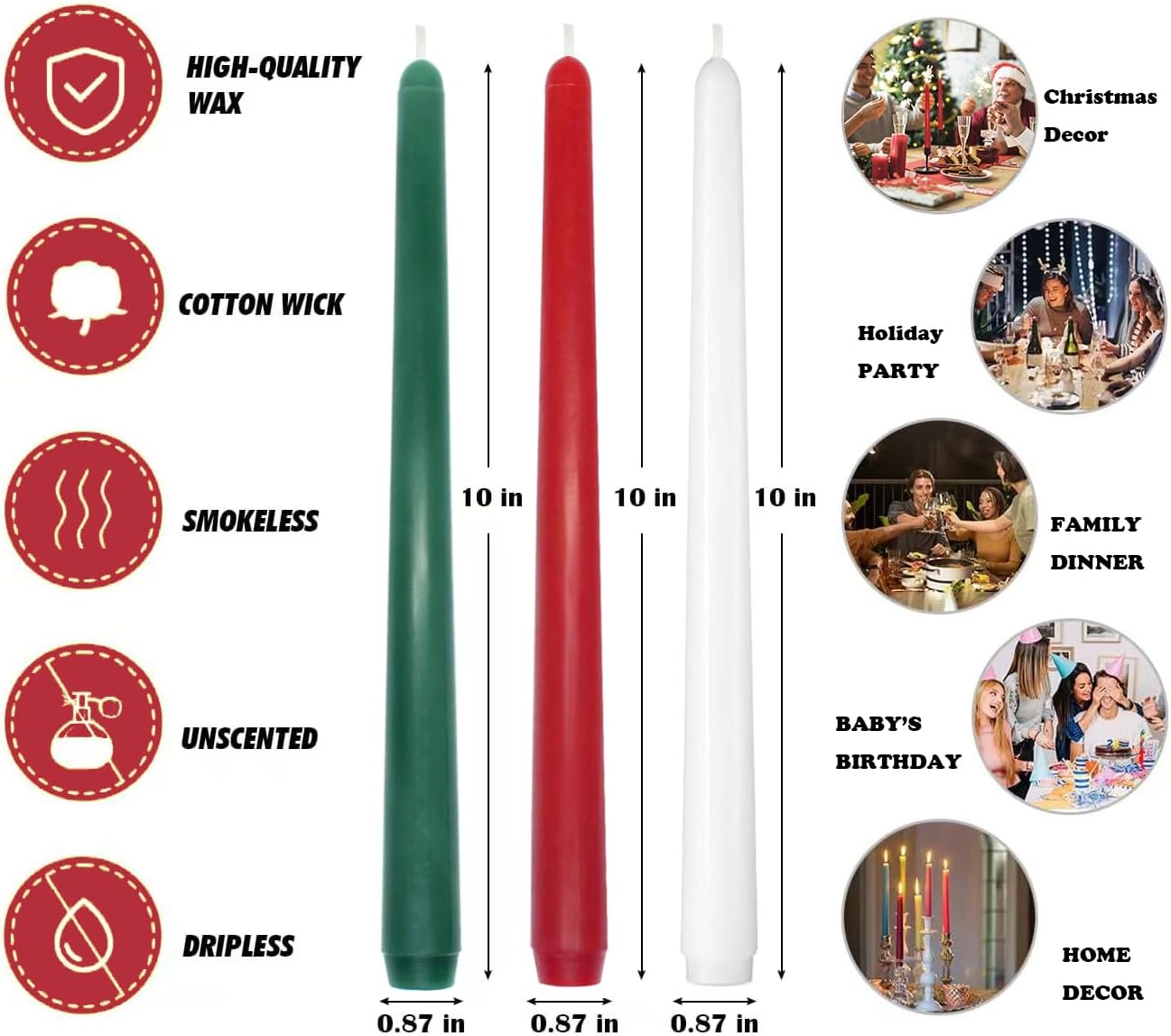 12-Pack Earth Tone Taper Candles, 10 Inch Unscented Dripless Candlesticks, Long-Lasting Burn Time of 7-8 Hours, Perfect for Fall Harvest Halloween Thanksgiving Dinners Parties and Home Décor