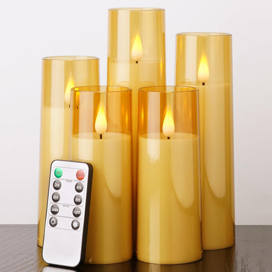 Amagic Pure White Flameless Candles, Battery Operated Candles, Acrylic Flickering LED Pillar Candles with Remote Control and Timer, 3D Wick, Yellow and Blue Glow, D2.2 xH5 5" 6" 7" 8", Set of 5