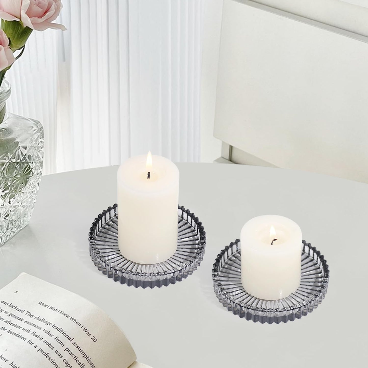 Vixdonos 3.8 Inch Glass Pillar Candle Holder Set Pack 2 Gear Round Plate Serrated Candle Stand for Table Centerpieces,Party, Wedding and Home Decor