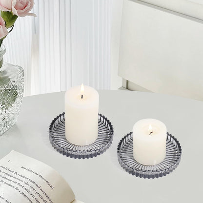 Vixdonos 3.8 Inch Glass Pillar Candle Holder Set Pack 2 Gear Round Plate Serrated Candle Stand for Table Centerpieces,Party, Wedding and Home Decor