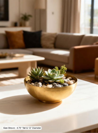 Serene Spaces Living Lightweight Antique Brass Decorative Bowl - Elegant Potpourri Catchall for Diwali Home Décor, Entryway and Dining Table, 2.75" Tall & 8" Diameter