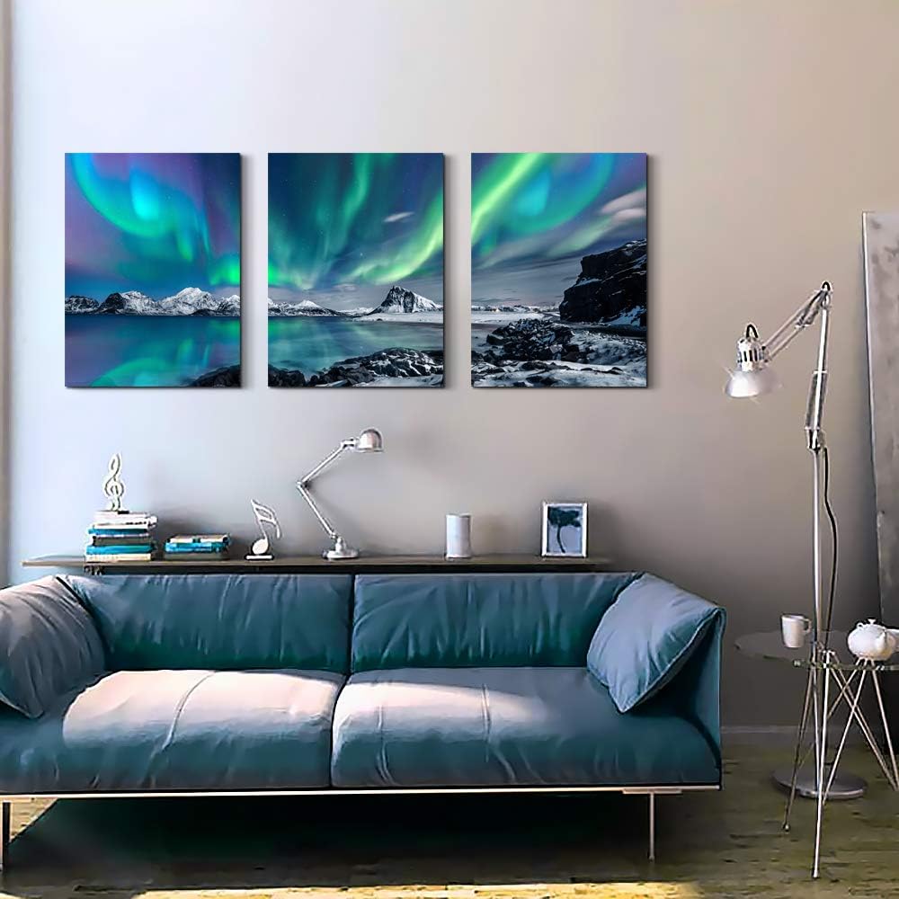 MHARTK66 Wall Art for Bedroom Wall Decor for Living Room Office Decor Abstract Mountain Aurora Landscape Painting 3 Piece Scenic Framed Canvas Art Prints Ready to Hang Kitchen Wall Pictures Home Decor