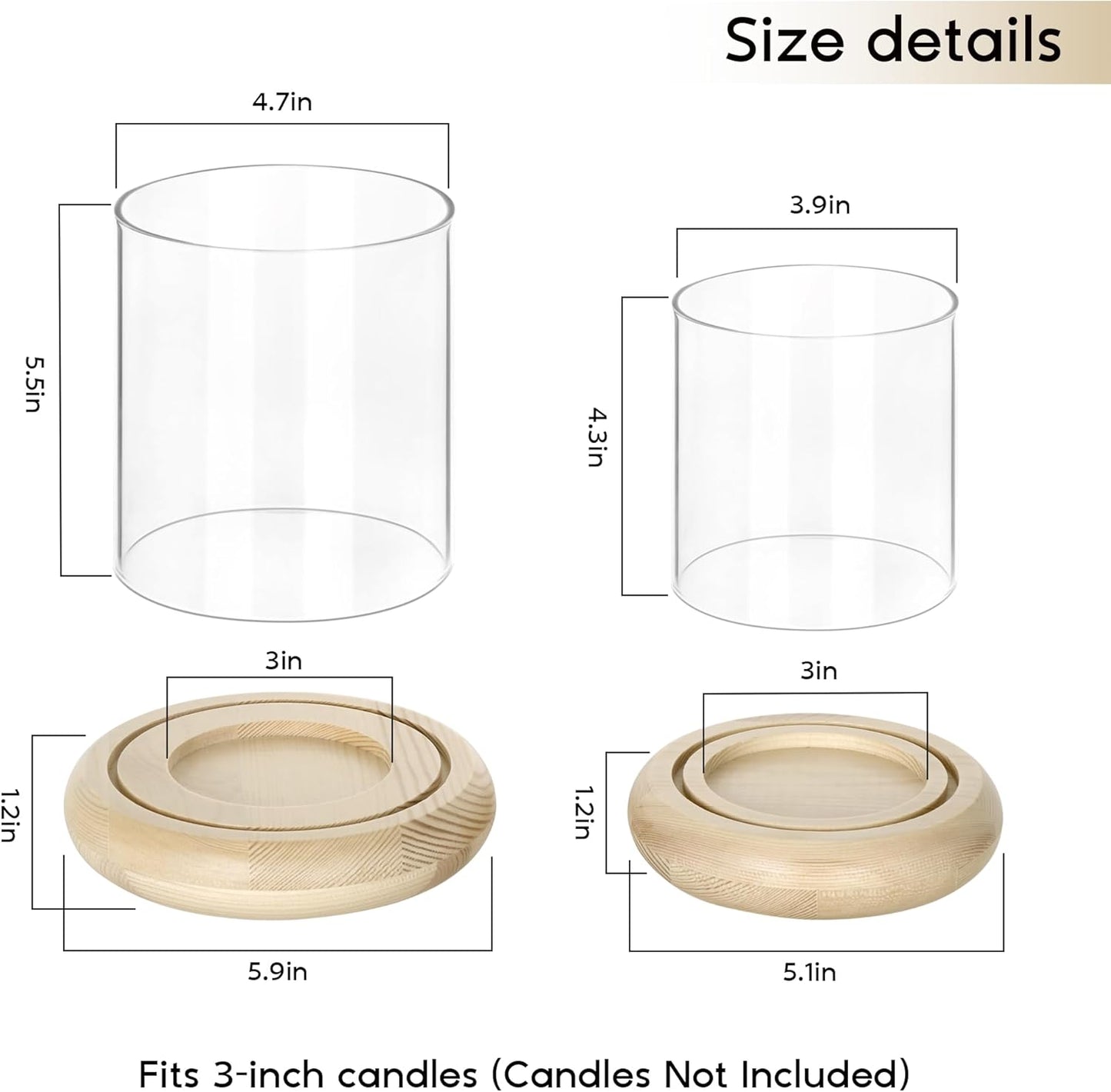 Set of 2 Black Hurricane Candle Holders with Wood Base, Modern Windproof Glass Cylinder Lantern, Farmhouse Pillar Candle Holder Decor for Table Centerpieces, Living Room, Patio & Kitchen Dining