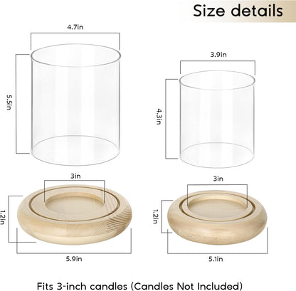 Set of 2 Black Hurricane Candle Holders with Wood Base, Modern Windproof Glass Cylinder Lantern, Farmhouse Pillar Candle Holder Decor for Table Centerpieces, Living Room, Patio & Kitchen Dining
