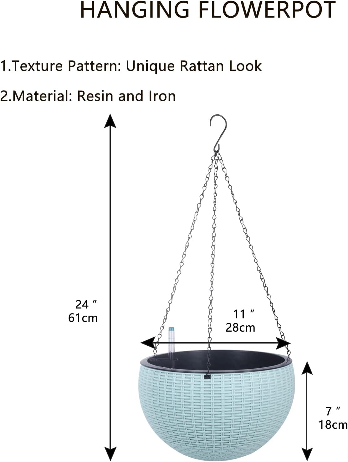 Vencer 11 Inch Round Resin Rattan Hanging Planters,Self Watering Hanging Basket for Indoor Outdoor Plants,Hanging Flower Pots with Drain Hole and Metal Chain,Water Indicator,Coffee,VF-A15-C