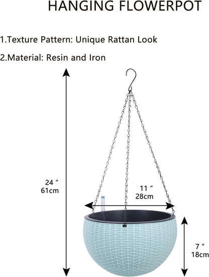 Vencer 11 Inch Round Resin Rattan Hanging Planters,Self Watering Hanging Basket for Indoor Outdoor Plants,Hanging Flower Pots with Drain Hole and Metal Chain,Water Indicator,Coffee,VF-A15-C