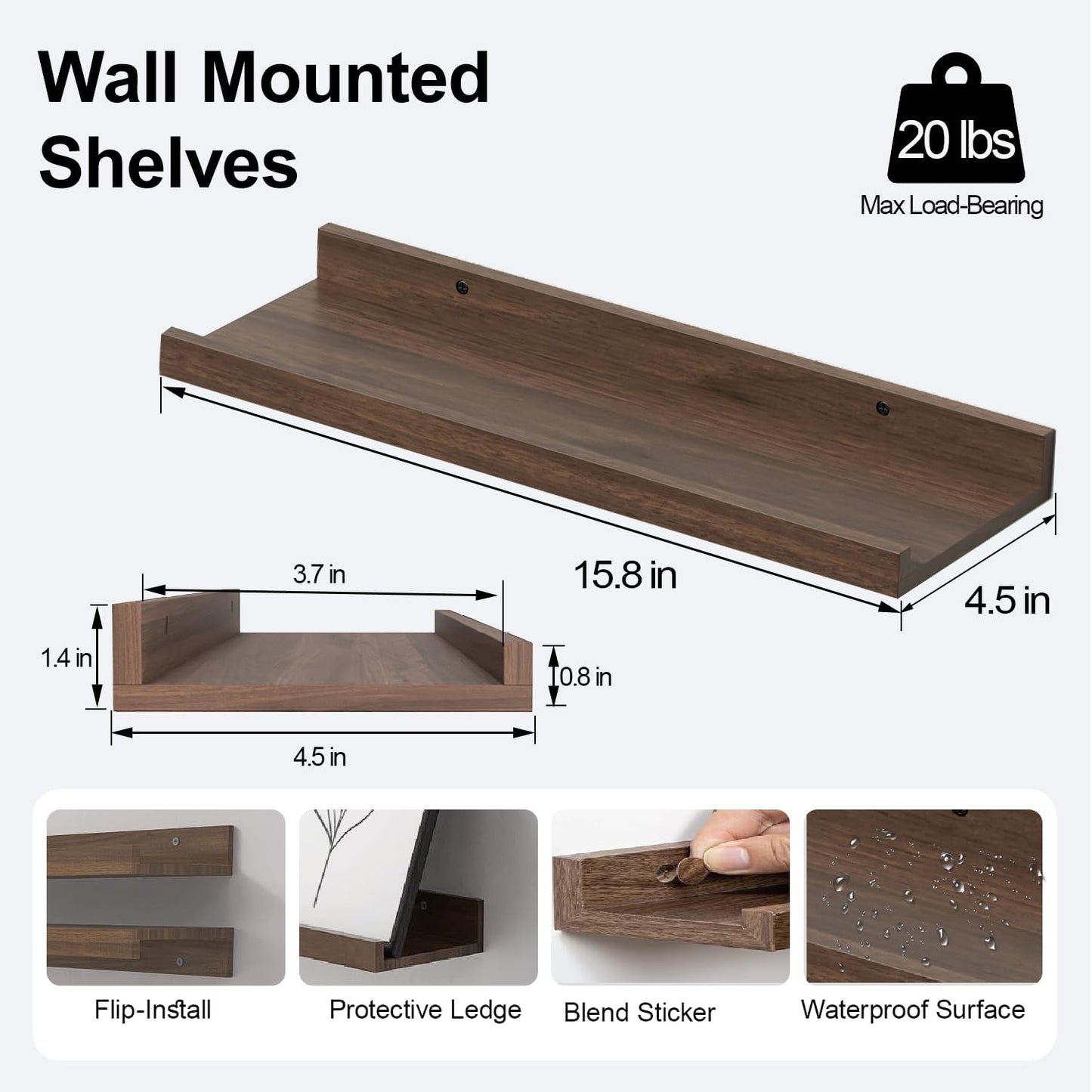 White Floating Shelves for Wall Decor, Wall Mounted Wood Storage Shelf for Bedroom, Living Room, Bathroom, Kitchen, Nursery, Display Picture Ledge Shelf with Lip Set of 2-14 Inches, White