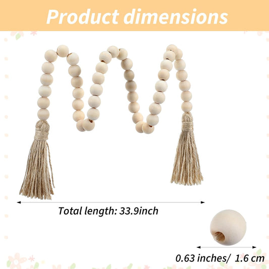 Wood Beads Garland with Tassels 33.86" Table Beads Natural Wooden Prayer Bead Rustic Country Boho Wall Hanging Decor for Boho Farmhouse Rustic Style Table Home Festival Decor