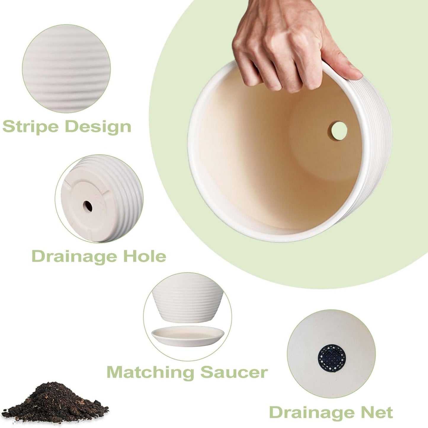 Ceramic Pots for Plants - 6 Inch Plant Pot with Drainage Hole and Saucer, Round Planters for Indoor Outdoor, Flower Pots, Modern Planter, Home Office Room Decor, Gifts for Plant Lovers, White