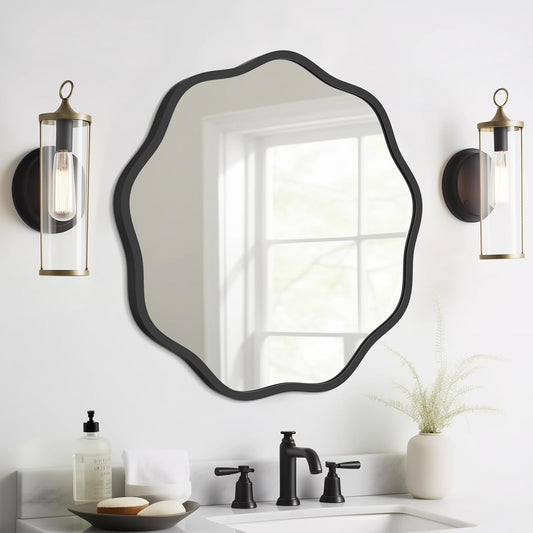 WallBeyond Round Wavy Mirror for Wall Decorative 24 inch, Modern Round Mirror Aluminum Frame for Bathroom Bedroom Living Room Home House Office Entryway, Gold