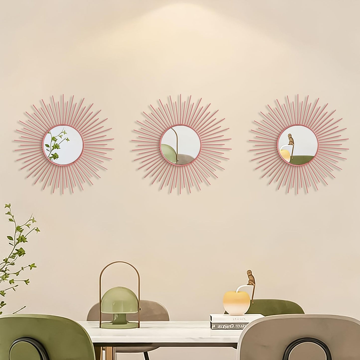 3 Pack Metal Mirrors for Wall Sunburst Wall Mirrors Home Décor Decorative Hanging Wall Art for Living Room Bedroom Entryway (Gold, Flower+Sunburst)
