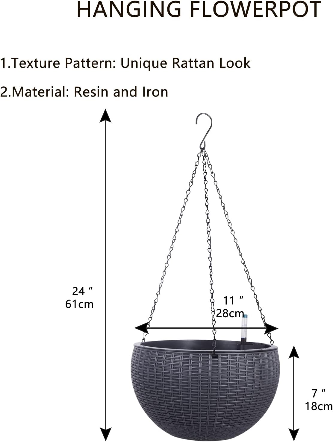 Vencer 11 Inch Round Resin Rattan Hanging Planters,Self Watering Hanging Basket for Indoor Outdoor Plants,Hanging Flower Pots with Drain Hole and Metal Chain,Water Indicator,Coffee,VF-A15-C