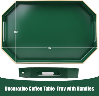 Green Decorative Tray with Handles, Versatile Serving Tray for Coffee Table, Ottoman, Ideal for Serving, Displaying, Organizing, 15.7"*10.2"*1.57"