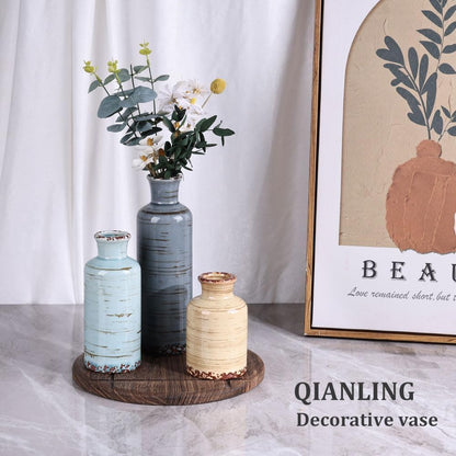 Blue Ceramic Vase Set - 3 Blue Small Vases, Farmhouse Country Flower Vase Home Decor, Living Room Decoration, Table Decoration, Fireplace Decor, and Entrance Decorations Centerpieces