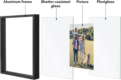 Americanflat Aluminum 11x14 Floating Picture Frame with Shatter-Resistant Glass - Use as 8x10 Picture Frame or Display 11x14 Photo - Signature Float Collection - Photo Frames for Wall Display - Black