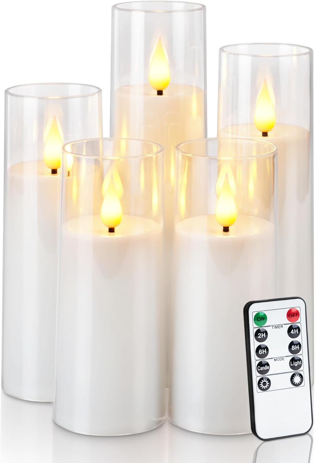 Amagic Pure White Flameless Candles, Battery Operated Candles, Acrylic Flickering LED Pillar Candles with Remote Control and Timer, 3D Wick, Yellow and Blue Glow, D2.2 xH5 5" 6" 7" 8", Set of 5