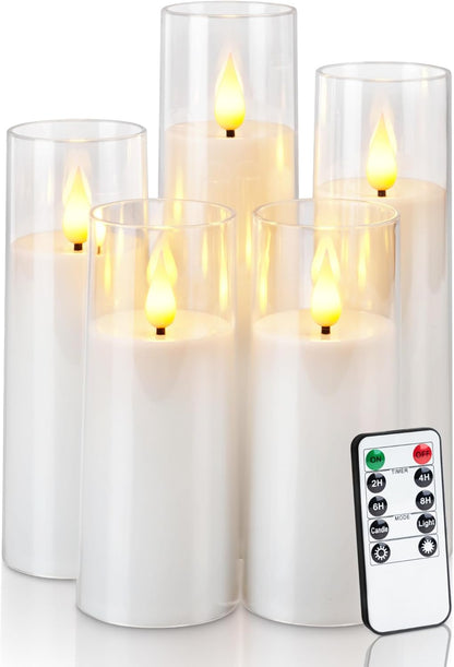 Amagic Pure White Flameless Candles, Battery Operated Candles, Acrylic Flickering LED Pillar Candles with Remote Control and Timer, 3D Wick, Yellow and Blue Glow, D2.2 xH5 5" 6" 7" 8", Set of 5