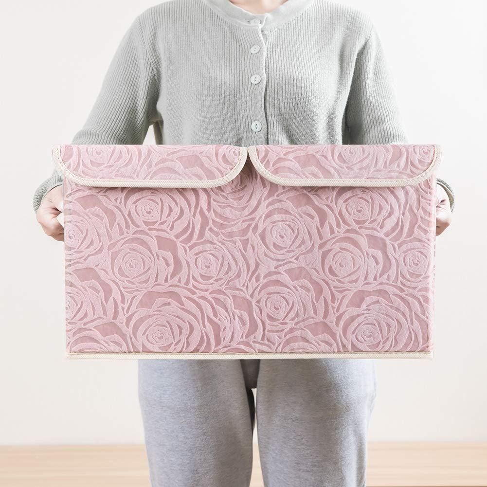 PRANDOM Larger Collapsible Storage Bin with Lid [1-Pack] Fabric Decorative Storage Box Cube Organizer Container Baskes with Handles Divider for Bedroom Closet Living Room Pink 17.7x11.8x11.8 Inch