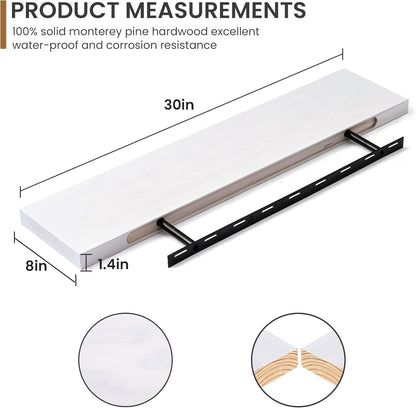 Floating Shelves 36 Inches Long - 8 Inch Deep Rustic Premium Solid Pine Wood for Storage - Farmhouse Wall Mounted for Living Room - Heavy-Duty Metal Bracket - 36" W x 8" D - Set of 2 - White Color