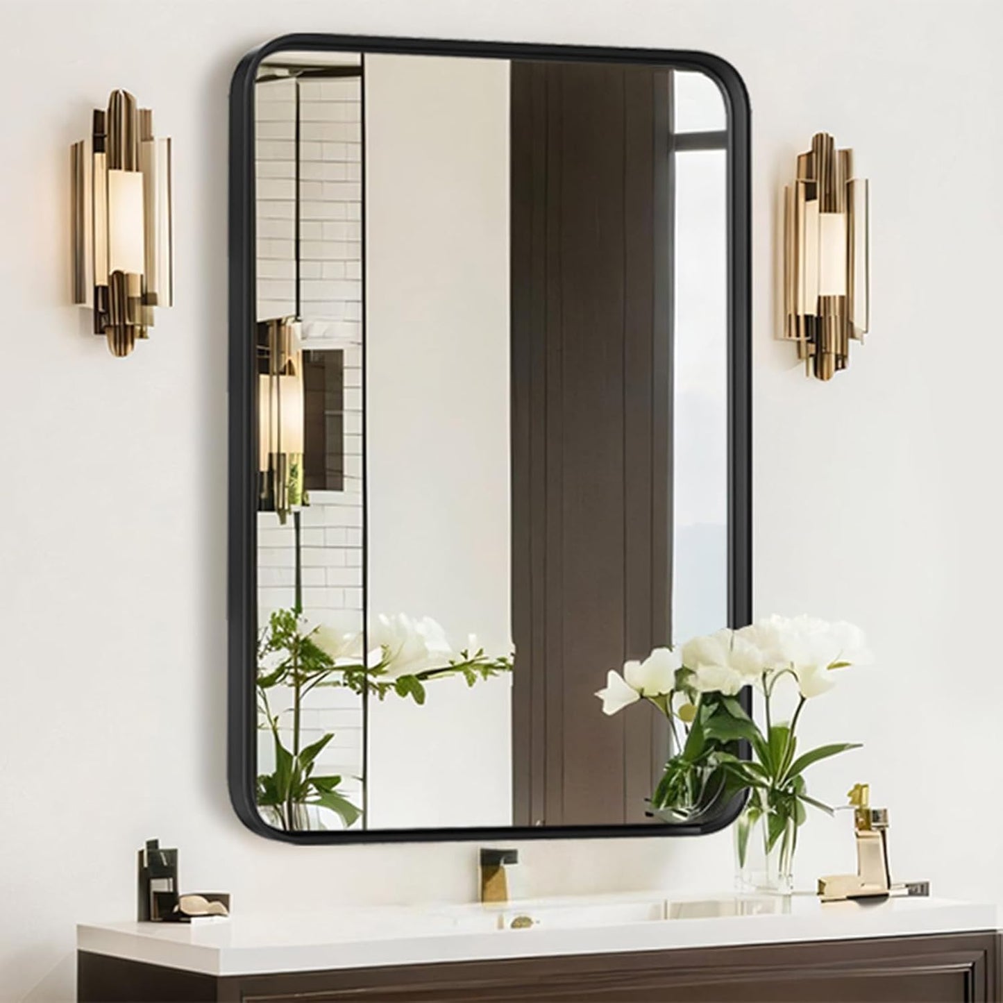 Bathroom Mirror for Wall, 24 Inch Round Mirror, Matte Black Metal Framed Circle Vanity Mirror for Bathroom Bedroom Living Room Entryway, Anti-Rust, Tempered Glass, Hanging or Leaning