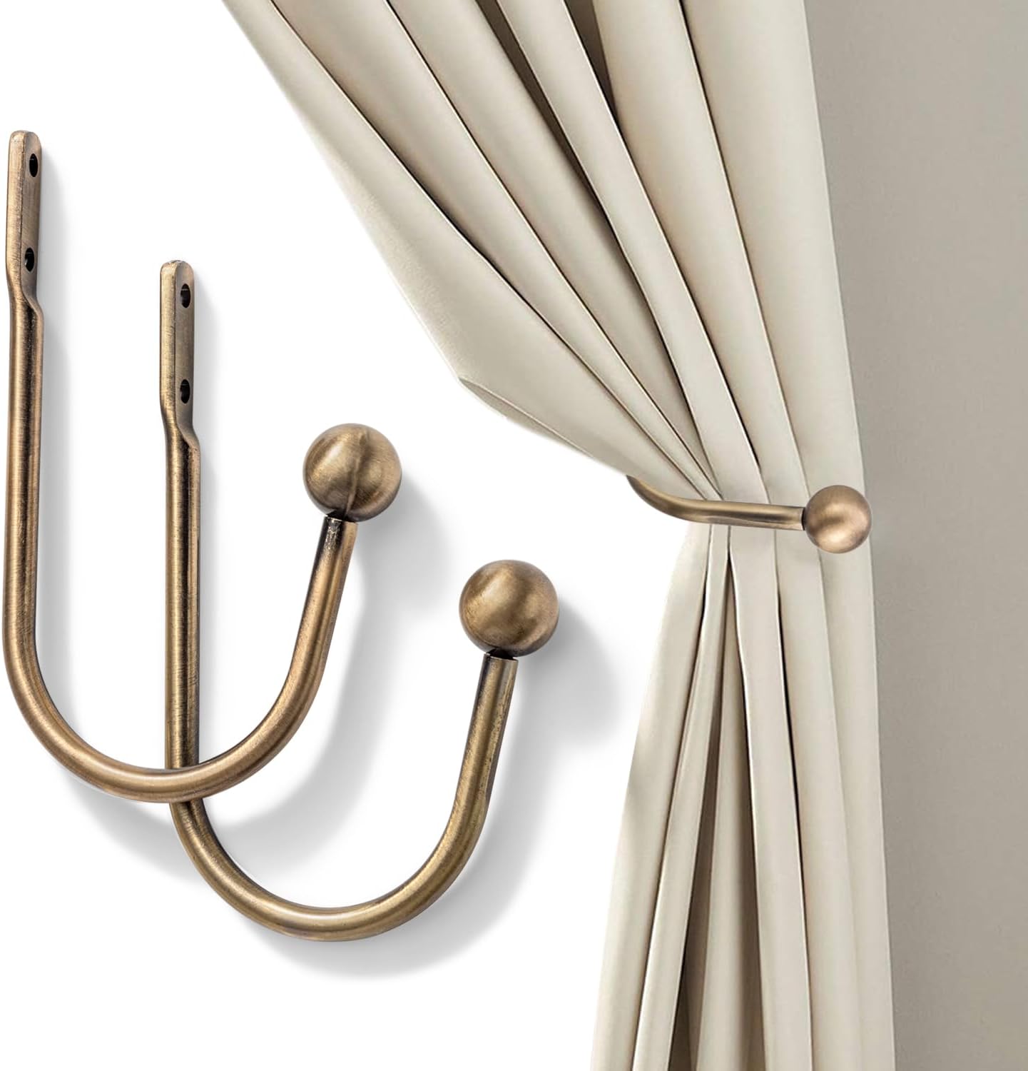 2 Pack Curtain Holdbacks - Silver, Decorative Drapery Wall Hooks with Hardware, Curtain Pull Back Hooks, Metal Curtain Tiebacks Wall Mounted, Window Side Holders for Drapes, Curtain Accessories