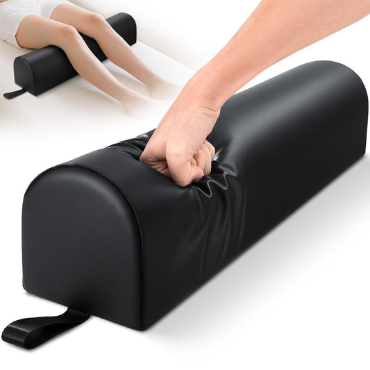 Noverlife 3/4 Round Massage Table Bolster Pillow with Strap Handle, 26 x 6 x 6 in PU Leather Massage Bolster for Under Legs, Cozy Positioning Support Pad for Knee Neck Back Pain Relief - Black