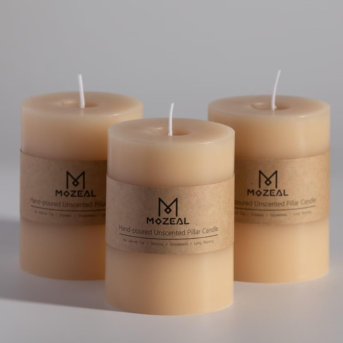 MOZEAL 3" x 4" Hand-Poured Unscented Candle,Dripless Pillar Candle Set of 3,Long Clean Burning,Approx 72 Hours Burn Time,Rustic Country Style,Wedding,Dinner,Christmas and Home Decor,White