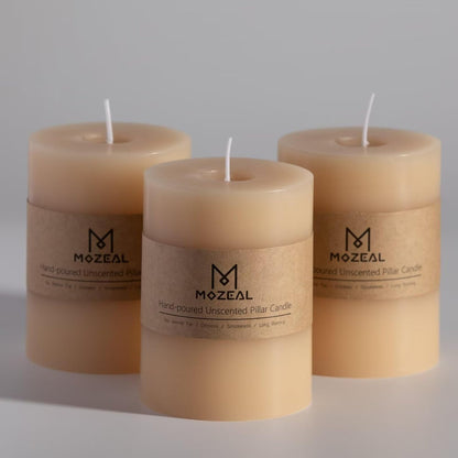 MOZEAL 3" x 4" Hand-Poured Unscented Candle,Dripless Pillar Candle Set of 3,Long Clean Burning,Approx 72 Hours Burn Time,Rustic Country Style,Wedding,Dinner,Christmas and Home Decor,White